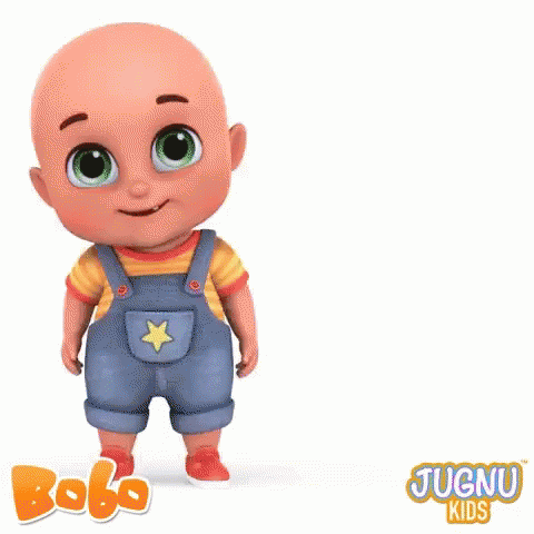 a cartoon blue boy with big eyes and brown overalls