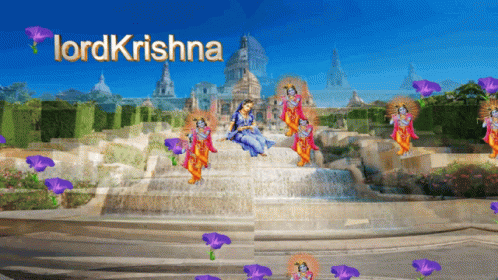 this image depicts the hindu goddesss in front of a waterfall