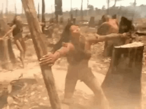 the blurry po shows two men who are fighting over a wooden pole