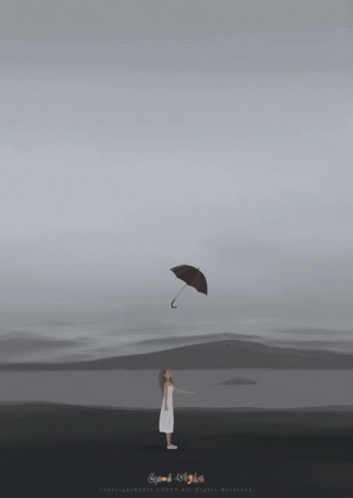a person flying an umbrella in a field under a cloudy sky