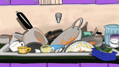 a messy kitchen sink is cluttered with dishes