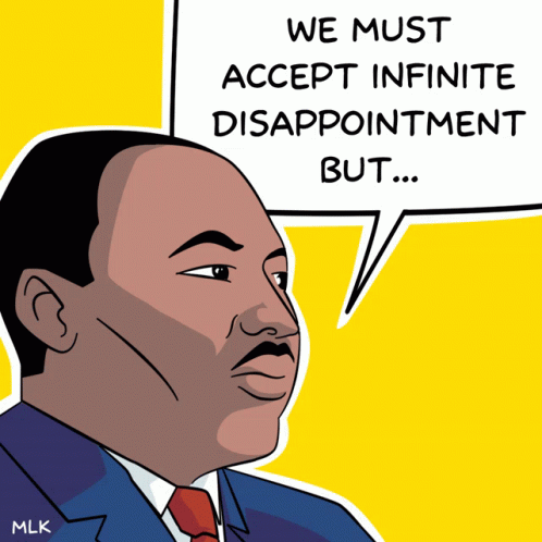a man in a suit with a speech bubble reading, we must accept infinite disappointment but