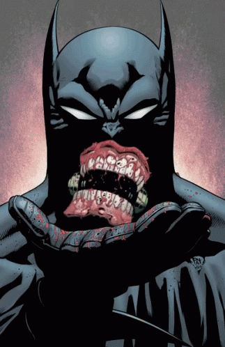 a batman with purple teeth is holding his hands to his chest