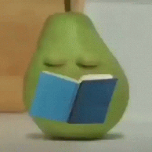 a green pear with a book and sleeping eyes
