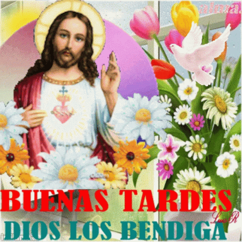a picture of jesus with the words los usurus tardes dos la resendgan