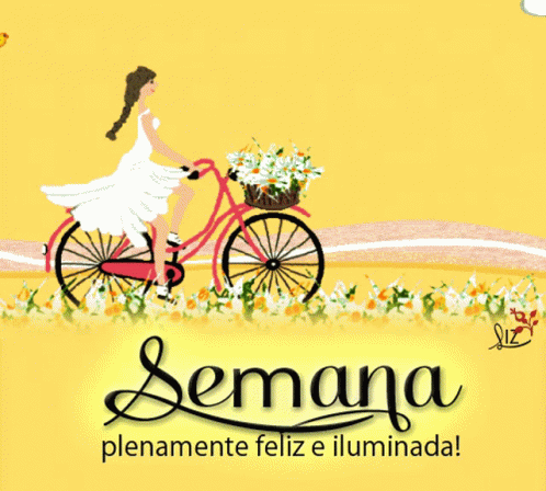 a girl riding a bike with a basket full of flowers