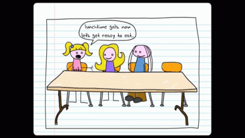 cartoon scene of people at a table with a thought bubble above it