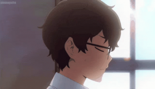 the animated image of a man with glasses is looking out the window