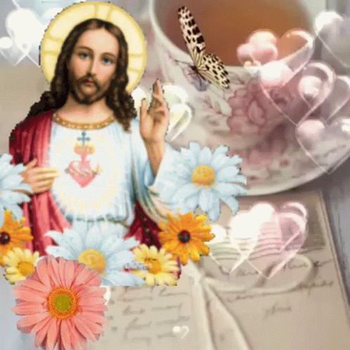jesus holding a flower and a glass