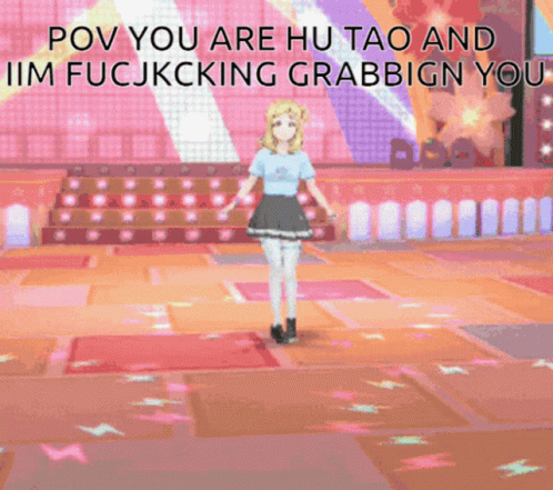 anime girl performing with captioning over po