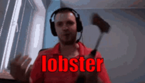 a man wearing headphones and holding an ax with the word lobster on it