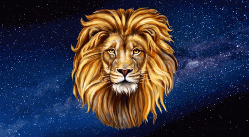 the space lion has blue hair and it is looking straight ahead