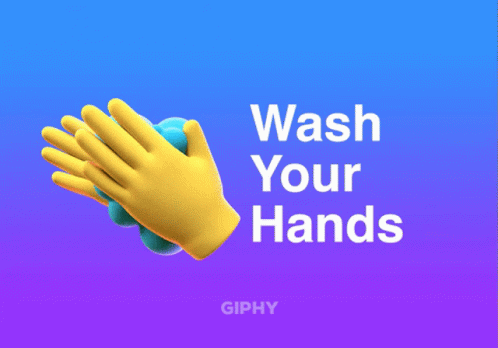 a hand with a blue glove on top and words wash your hands