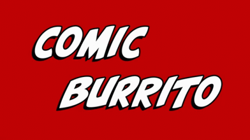 the words comic burrito against a blue background