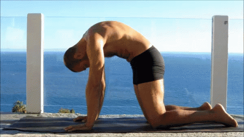 a person doing yoga poses outside on the beach