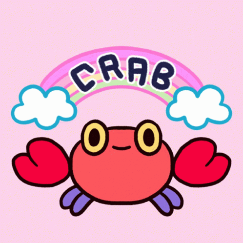 a crab sitting under a rainbow on top of a pink background