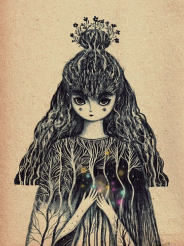 a drawing on paper depicting a girl with a crown and hands together