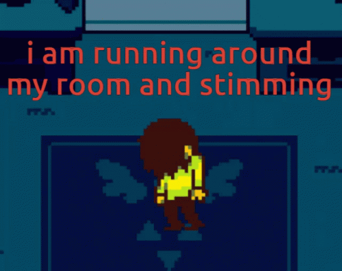 an animated avatar with words that read, i am running around my room and shining