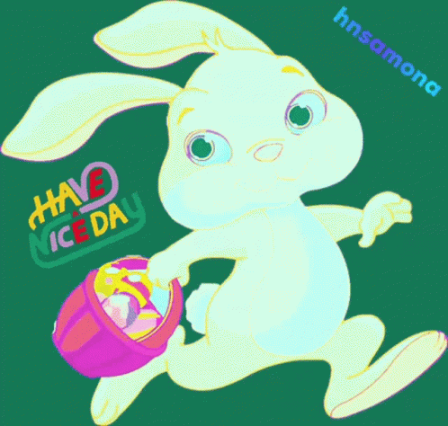 an animated white rabbit with big eyes holding a purple easter egg