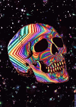 a colorful skull in front of a cluster of black holes