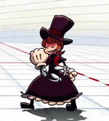 an animated character in a purple dress and top hat