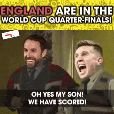 two men laughing in front of a screen saying england are in the world cup quarter - final