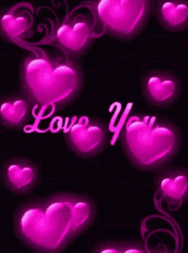 pink hearts floating with the word i love you over a black background