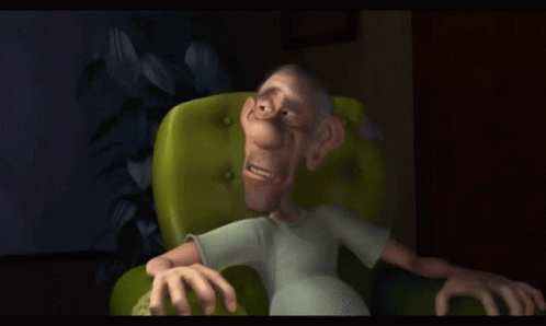 a cartoon guy with his eyes closed sitting in a green chair