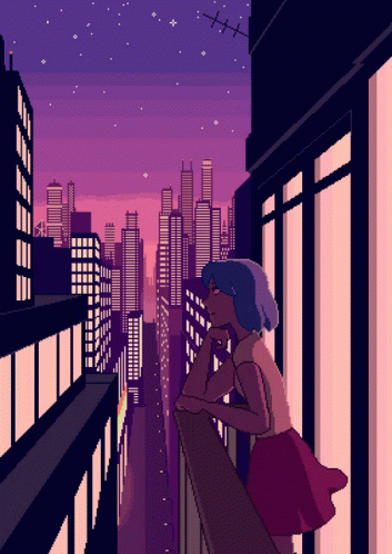 a woman looks out over the city skyline from her window