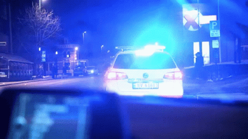 police cars at night in front of the traffic light