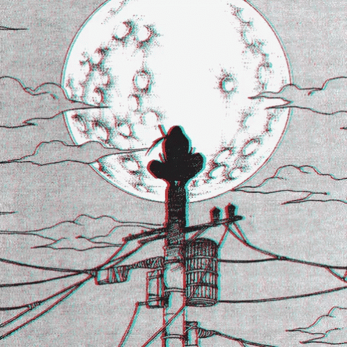 a drawing of wires, and a full moon