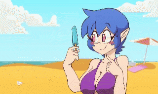 a cartoon image of a girl in a bikini on the beach