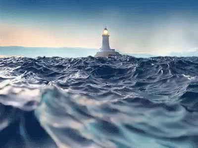 a lighthouse sitting in the middle of a large wave