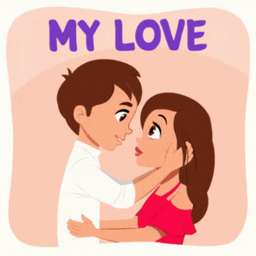 an illustration of a couple kissing while the text my love is in red