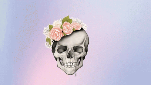 a drawing of a skull wearing flowers