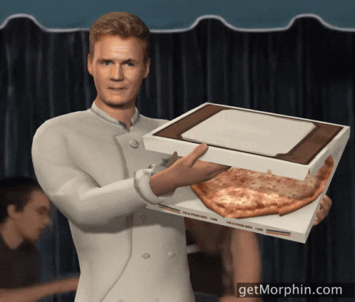 a guy holding a pizza in an animation of blue man