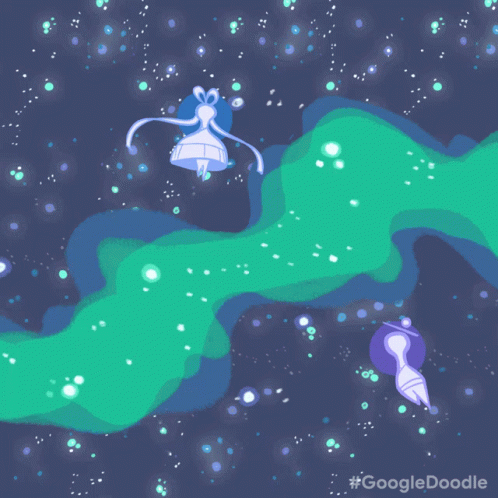 an animated image of two little mouses flying around a world with green grass and stars