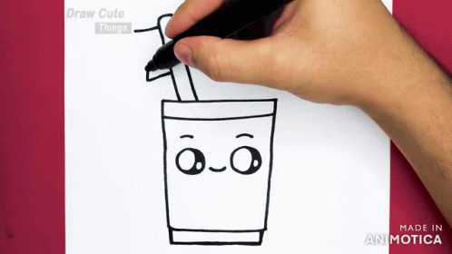 a man with a pencil in his hand next to a cartoon drink