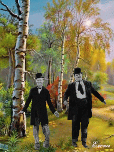 a painting of two men walking through a forest holding hands