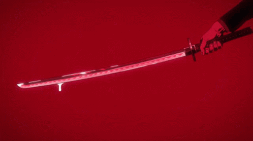 the purple and white lights on the blade of a sword are visible