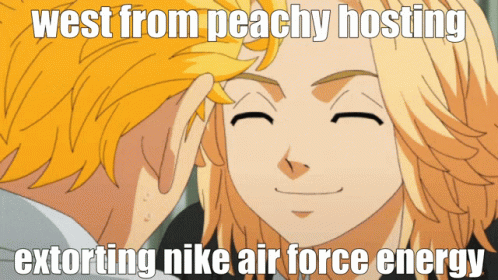 an anime has blue hair with a caption stating, west from peachy hosting, exciting air force energy