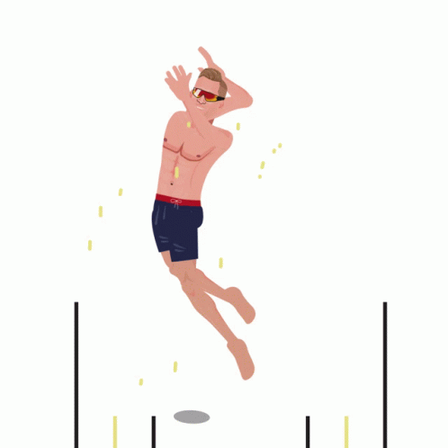 a man jumping into the air while wearing swimming trunks