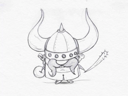 a sketch of a viking character in a helmet with horns