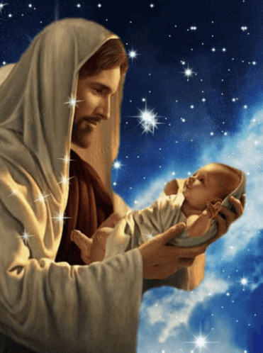 the painting shows a jesus holding a baby