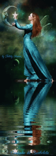 a person with blue hair in water with an moon