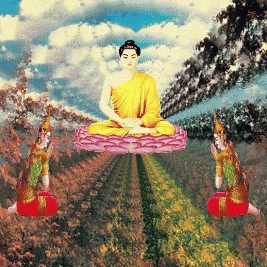 a painting shows two sitting buddhas on a pink platform