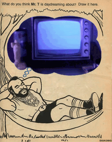 a drawing of a man laying in a hammock looking at an old tv