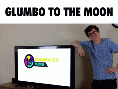 a man leaning against a television screen with the words gumbo to the moon on it