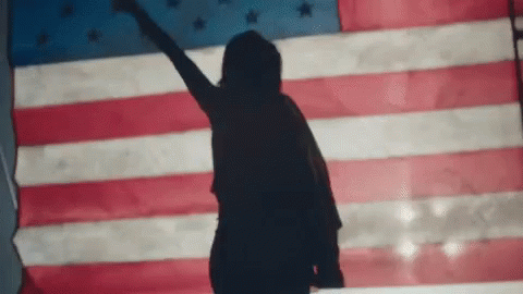silhouette of person holding up a sign in front of an american flag