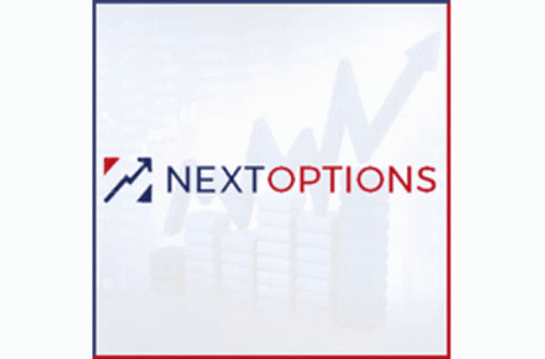 next options logo with a blue rectangle and brown arrow